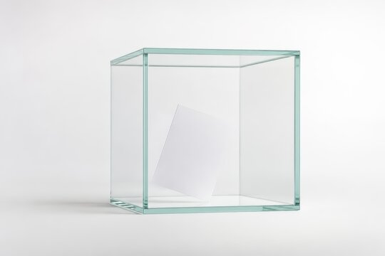 Glass display cube with tilted white paper