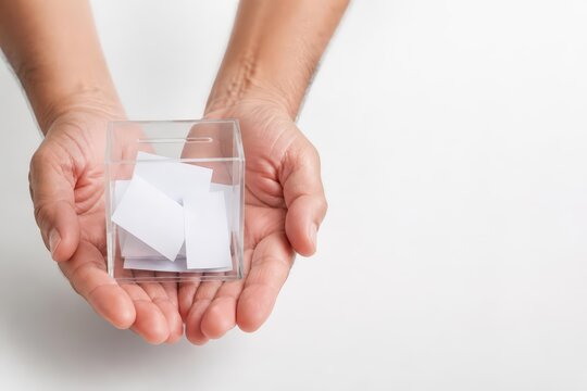 Hands holding clear ballot box with paper slips