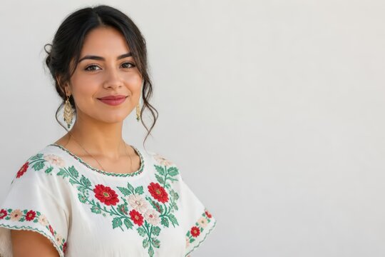 Young woman in embroidered floral blouse smiling