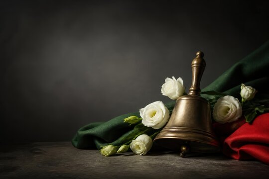Antique Brass Bell with White Lisianthus on Draped Fabric