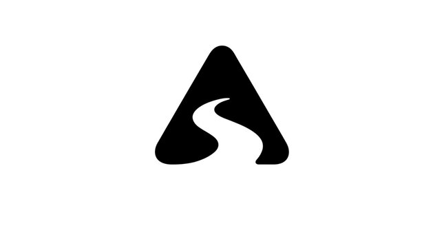 Abstract black triangle logo with a winding white path, representing a journey, road, or flow, symbolizing progress, direction, and discovery in a modern and minimalist design