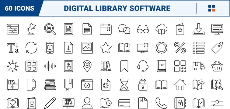 Ebook reader app line icon set. Vector pictograms of publishing, literature, software, and library elements, thin linear illustration.