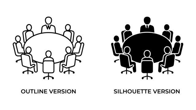 Meeting Icons: Two distinct icon representations of a meeting in progress, one outlined and one silhouetted, depicting a group of people gathered around a table.