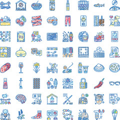 Naklejka premium Hand drawn style collection of outline icons illustrating a wide range of objects, activities, and concepts suitable for diverse digital and print projects