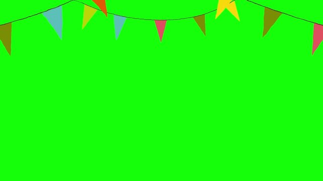 Bunting flags hang from a string in a festive arrangement against a plain green screen background for celebratory event overlays.