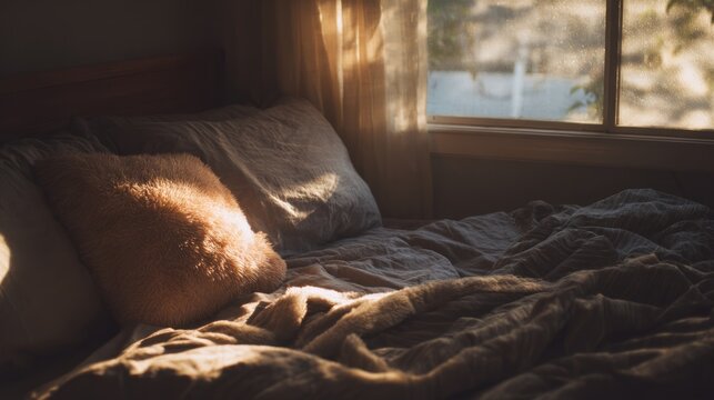 A sunlit bedroom scene shows a rumpled bed with a fluffy pillow. Sunlight streams through a window with soft curtains, casting shadows