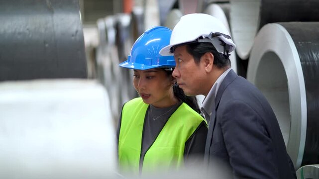 Factory Supervisor Discussing Production With Industrial Worker. Factory Management, Teamwork, Industrial Communication