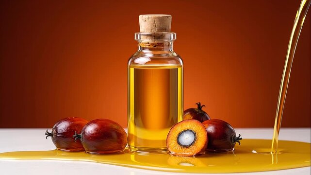 Fresh palm oil in bottle with oil palm fruits on orange background