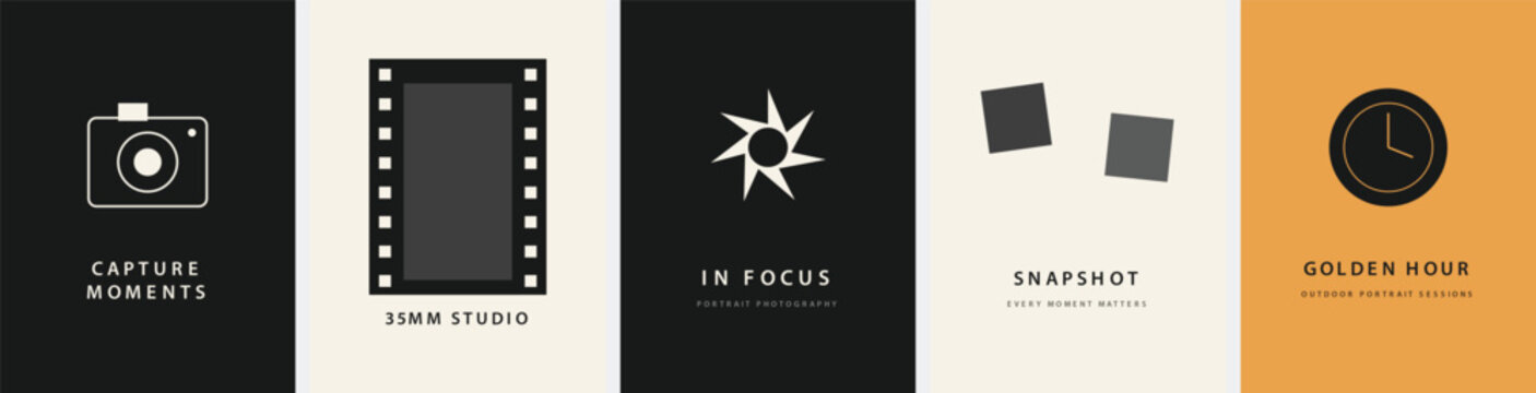 Minimalist photography logo set, modern camera and film strip icons, professional studio branding elements, flat vector graphic collection