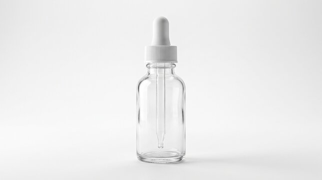 Empty glass dropper bottle with gray cap on white background.