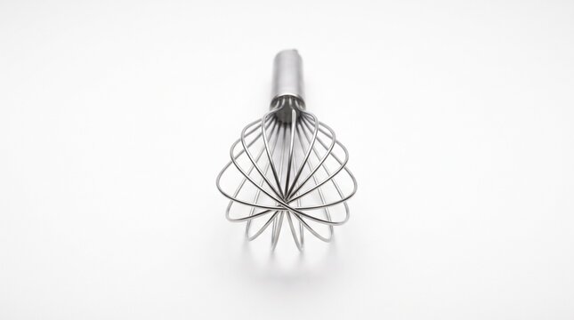 Stainless steel wire whisk on clean white background.