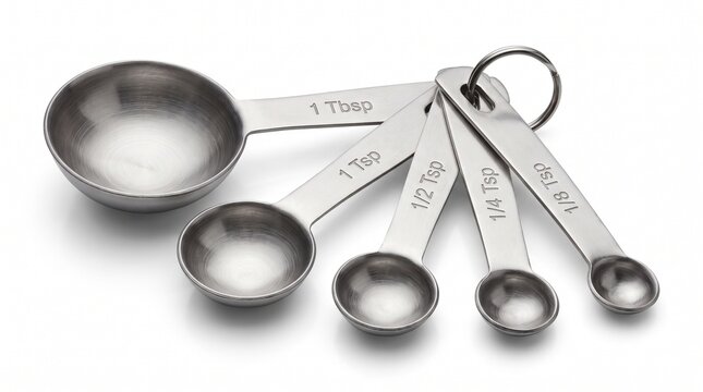 Stainless steel measuring cups and spoons set on white background.