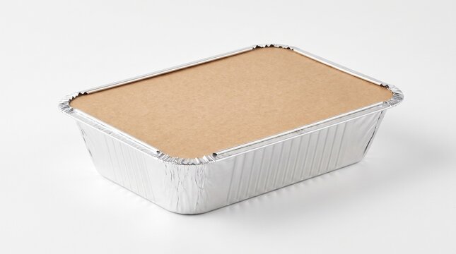 Empty aluminum takeout container with cardboard lid on white background.