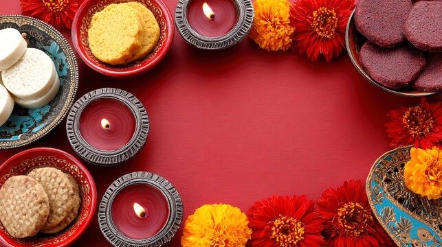 Diwali sweets diyas and marigold flowers framing festive red copy space background
