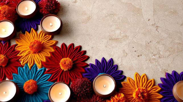 Diwali rangoli flowers and glowing candles framing textured beige copy space background