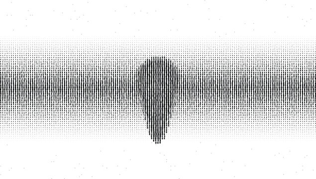 A black teardrop shape formed by a halftone dot pattern on a white background, isolated symbol for various uses