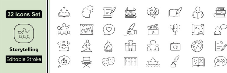 Storytelling Line Icons Set - 32 Editable Stroke Creative Writing and Narrative Vector Elements © Apurbo