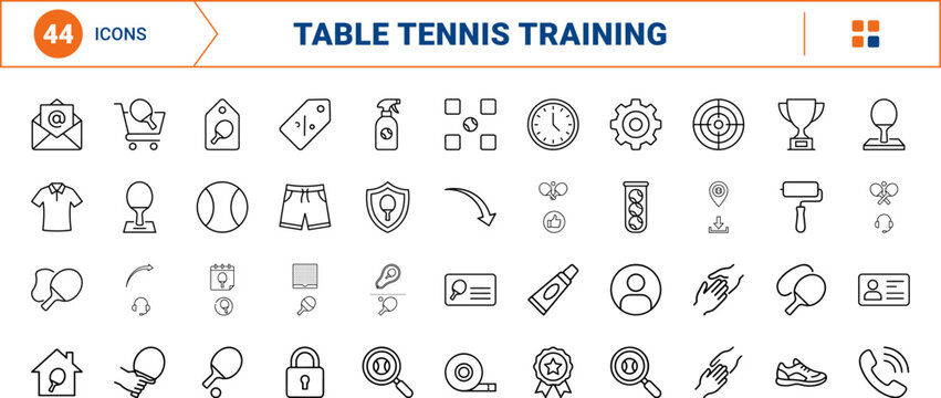 Table tennis club line icon set. Vector pictograms of equipment, court, training, and facility elements, thin linear illustration.