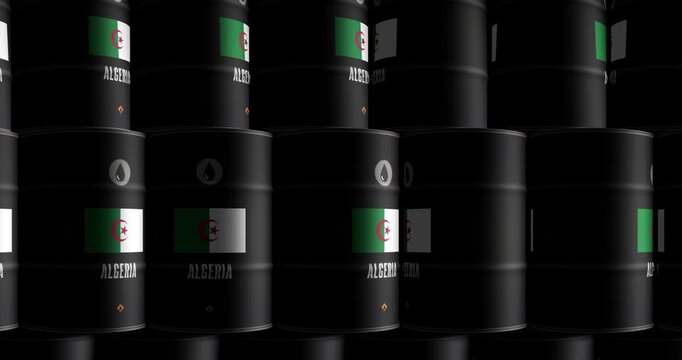 Algeria oil business and fuel extraction barrels in row seamless and loopable concept. Algerian petrol industrial containers.