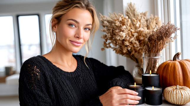 Young woman preparing Halloween home decor with pumpkins and black candles indoors