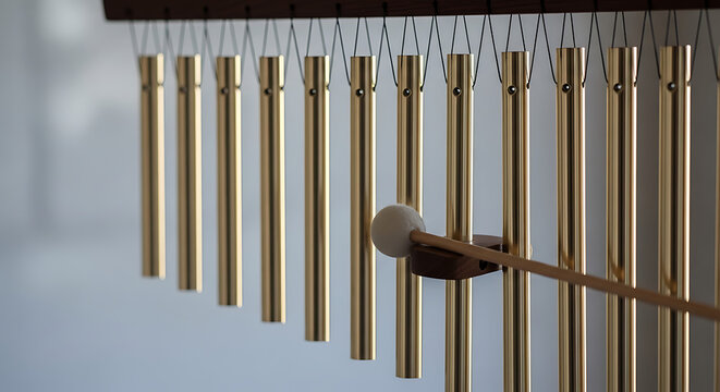 Golden wind chimes with a wooden striker hang against a light colored neutral background tubular