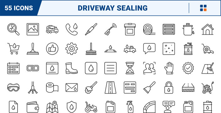 Driveway sealing website kit line icon set. Vector pictograms of sealcoating, asphalt, repair, and pavement elements, thin linear illustration.