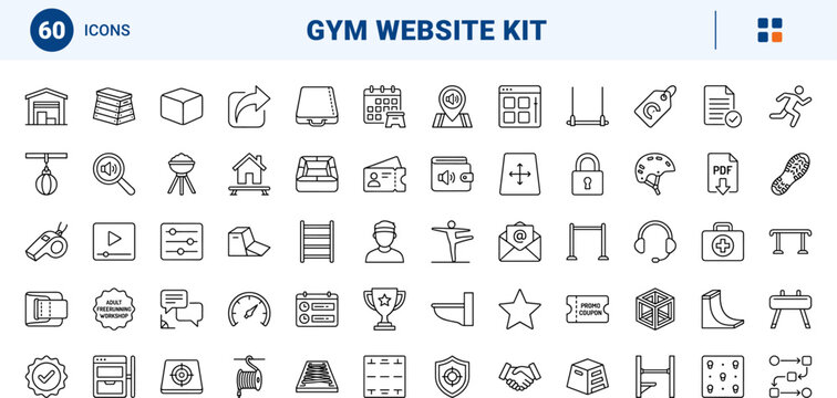 Parkour gym website line icon set. Vector pictograms of freerunning, obstacle, course, and equipment elements, thin linear illustration.