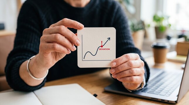 Healthcare AI Governance concept. Person holding a card with a rising graph showing deviation and growth.