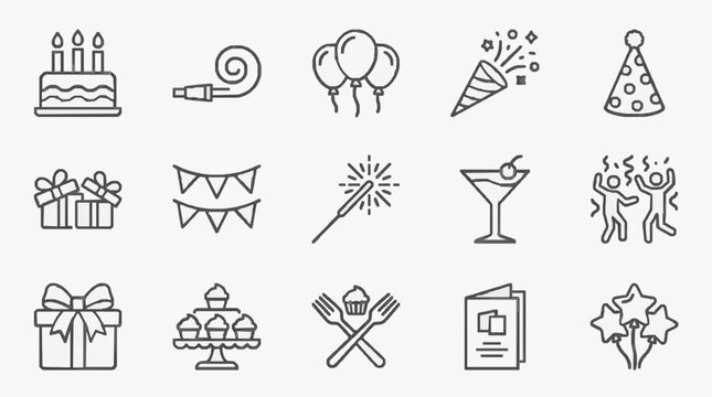 Creative Black and White Line Drawing Icons Set Featuring Party Elements Celebration Symbols and Festive Decorations