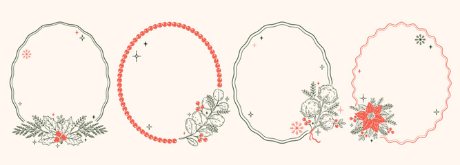 Christmas hand-drawn outline doodle oval frame set with warm red accents featuring poinsettia, holly, pine branches, winter berries, cotton and eucalyptus for cards and holiday designs © Irina Khovanskaya
