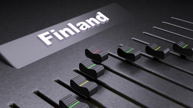 Finland text on audio mixer console, professional sound board with faders for Finnish media production, conceptual control panel for national broadcasting