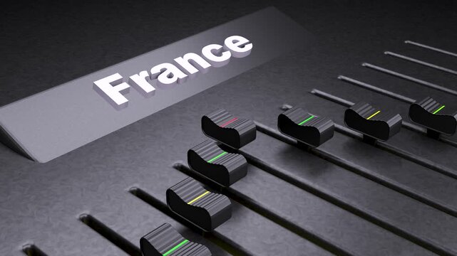 France text label on audio mixing console, professional sound board faders with France title, conceptual music production and broadcasting equipment