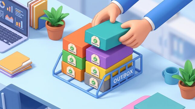 Healthcare AI Governance concept. Office desk with organized files in an outbox tray and laptop on the side