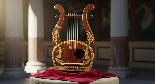 Ancient lyre with decorative carvings and strings a three dimensional rendering in a classical setting