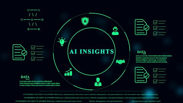 Ai insights dashboard interface with circular infographic and data security on a dark background for enterprise information systems