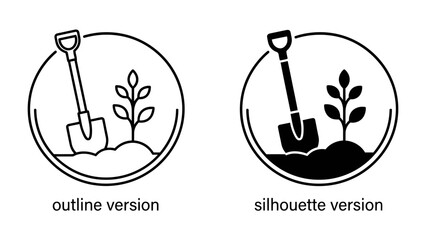 Gardening Tools: A graphic illustration featuring two circular icons, one an outline and the other a silhouette, depicting a shovel stuck in the ground next to a small sapling. © Murshida