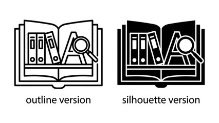 Fototapeta premium Education and Research Icons: A set of icons representing education and research, featuring an open book, files, a magnifying glass, and the letter 'A'.