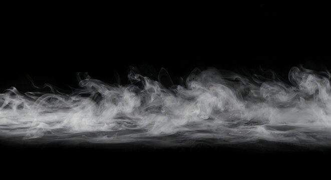 White smoke fog overlay on black background realistic ground mist effect with swirling steam texture for design and photo compositing