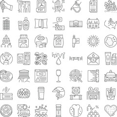Fototapeta premium Collection of minimal style line icons representing various concepts, including business, technology, healthcare, food, travel, and personal objects, perfect for modern design