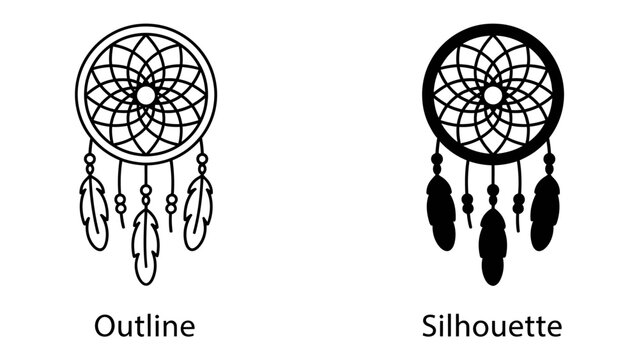 Dreamcatcher Outline and Silhouette: Two dreamcatchers, one in outline style and the other in silhouette, each adorned with feathers and beads, symbolizing protection and spiritual significance.