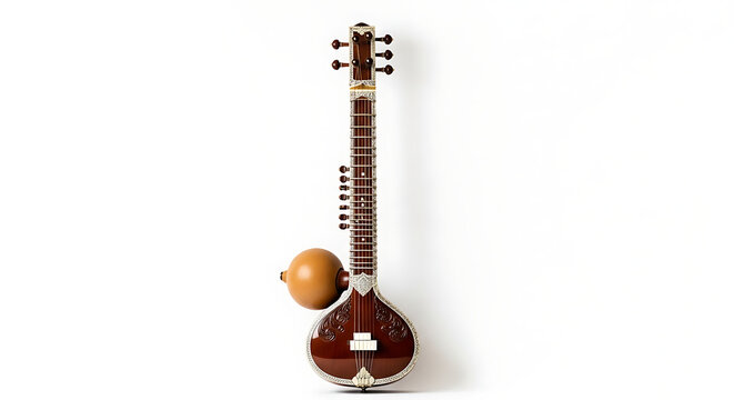 A traditional sitar instrument with a dark wood finish and ornate detailing isolated on white