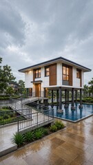 Fototapeta premium Elevated Flood Resilient Home With Water Safe Ground Level