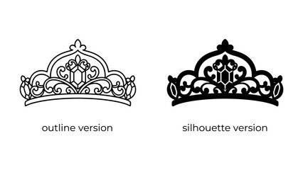 Crown Icons: A regal tiara depicted in both outline and silhouette versions, showcasing intricate ornamental details fit for royalty or a beauty pageant. © Mohammad