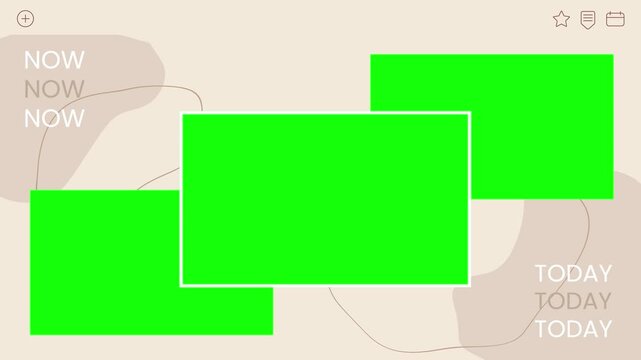 Planner interface layout displays three green screen boxes for media insertion on a neutral beige background with abstract shapes.