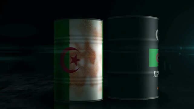 Algeria oil business and fuel extraction barrels concept. Algerian petrol industrial metal containers.