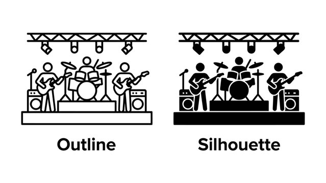 Band Performance Icons: Two distinct iconographic representations, an outline and a silhouette, depict a musical band performing on stage with instruments and spotlights.