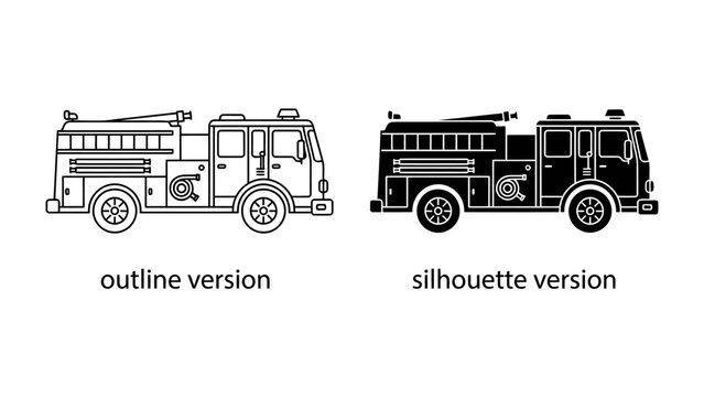 Fire Truck Outline and Silhouette: A clear, detailed outline and a bold silhouette of a fire engine, showcasing its design and form for easy graphic use.