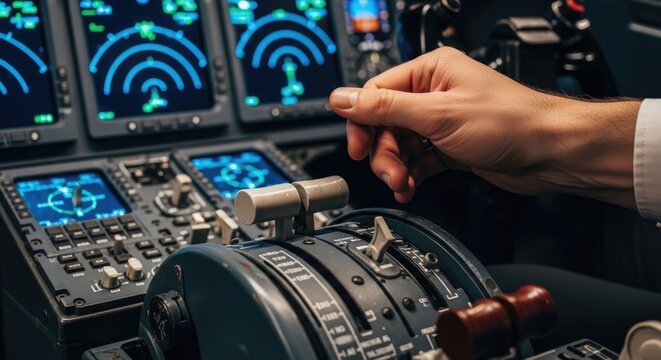 Close up of pilot hand reaching towards throttle levers in airplane cockpit