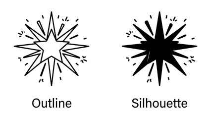 Fototapeta premium Starburst Design: Two starburst designs, one outlined and one solid silhouette, radiate outward with sharp points and small embellishments, perfect for graphic accents.
