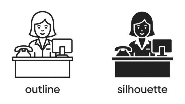 Receptionist Icons: A line art and silhouette icon set depicts a friendly receptionist seated at a desk with a computer and telephone, ready to assist.